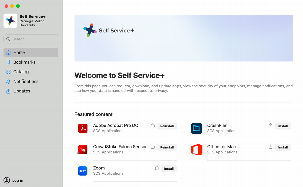 Self Service+ application homepage.